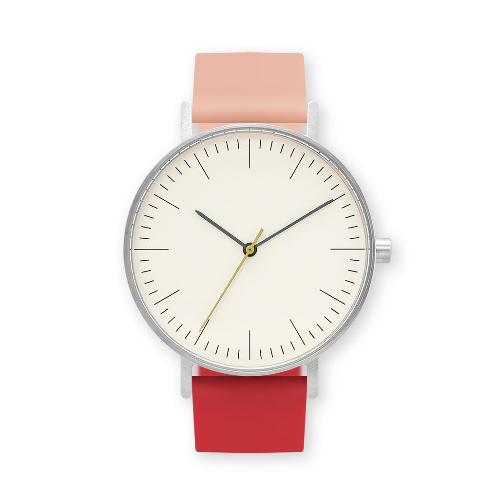 B001 Watch, Silver Case, Off White Dial, Two-tone Rubber Strap - 0719-Nude Pink/Red