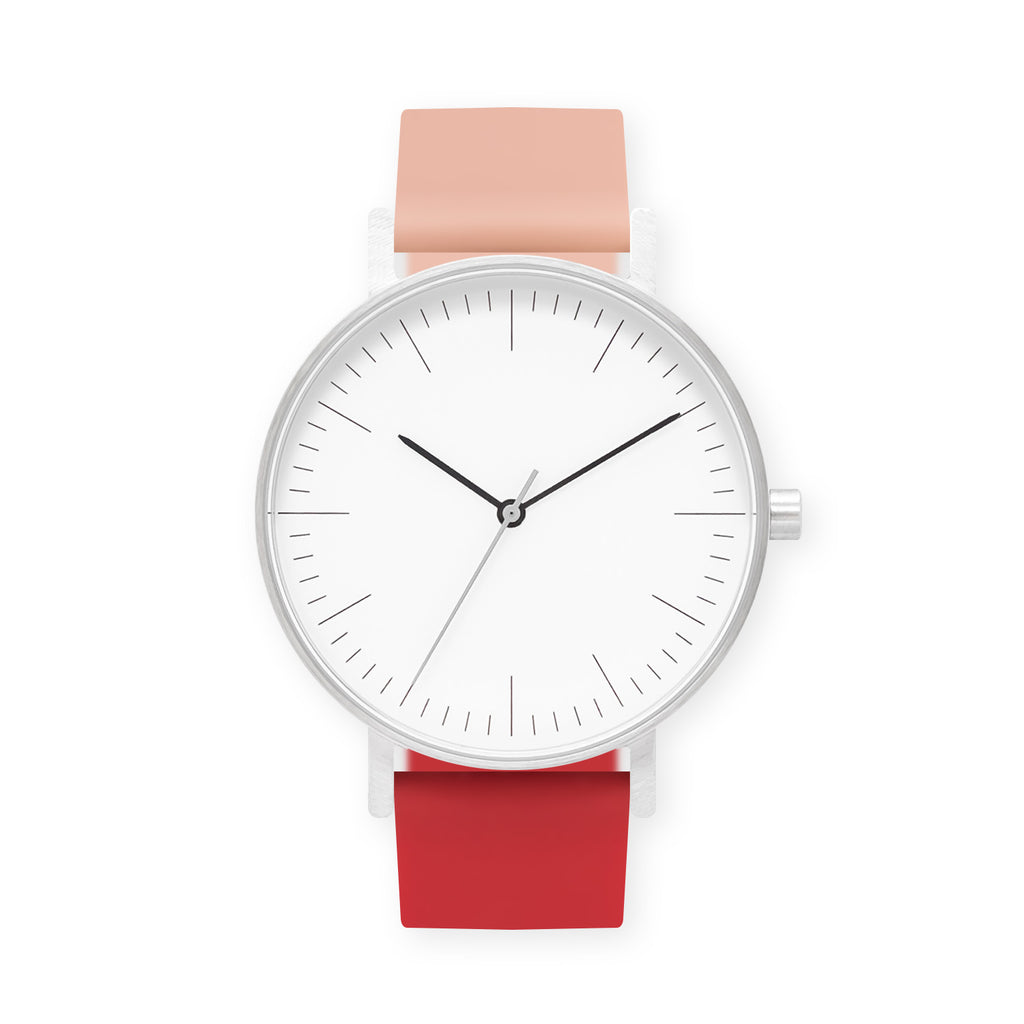 B001 Watch, Silver Case, White Dial, Two-tone Rubber Strap - 0719-Nude Pink/Red