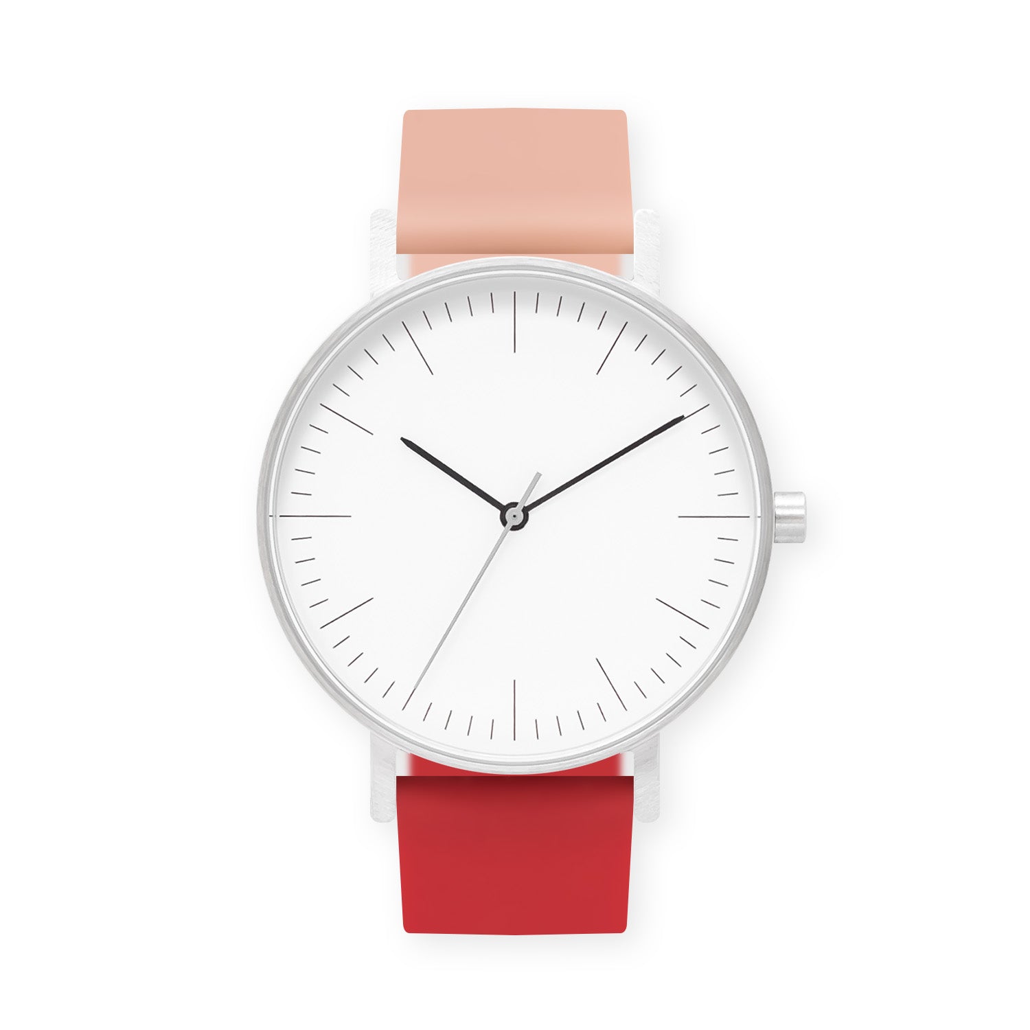 B001 Watch, Silver Case, White Dial, Two-tone Silicone Strap - 0719-Nude Pink/Red - BIJOUONE