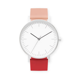 B001 Watch, Silver Case, White Dial, Two-tone Silicone Strap - 0719-Nude Pink/Red - BIJOUONE