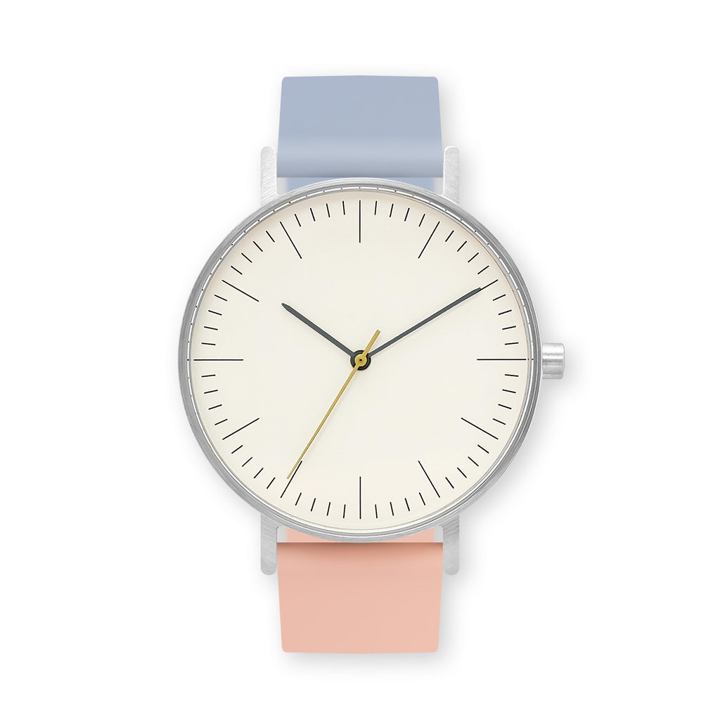 B001 Watch, Silver Case, Off White Dial, Two-tone Rubber Strap - 0807-Dusty Blue/Nude Pink