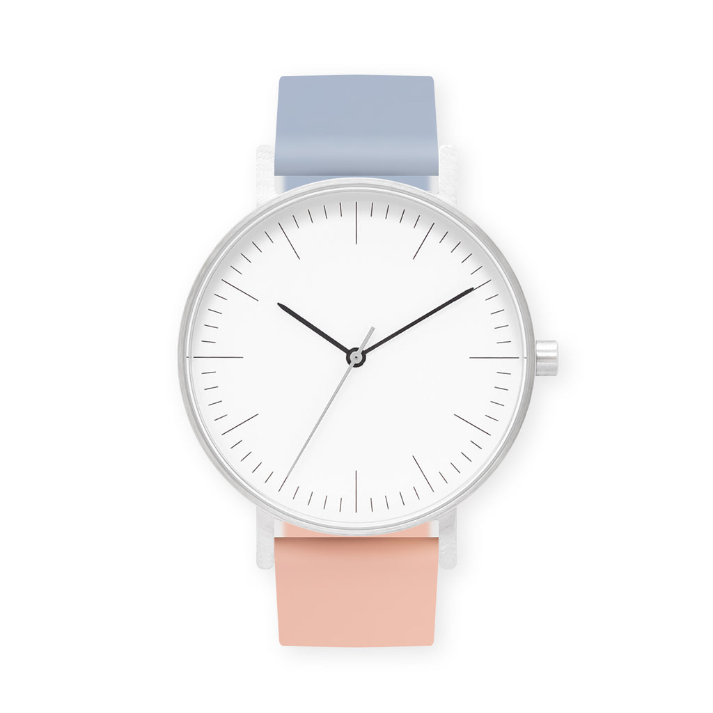 B001 Watch, Silver Case, White Dial, Two-tone Rubber Strap - 0807-Dusty Blue/Nude Pink