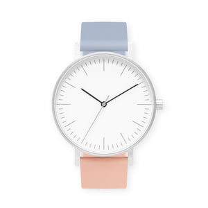 B001 Watch, Silver Case, White Dial, Two-tone Silicone Strap - 0807-Dusty Blue/Nude Pink - BIJOUONE