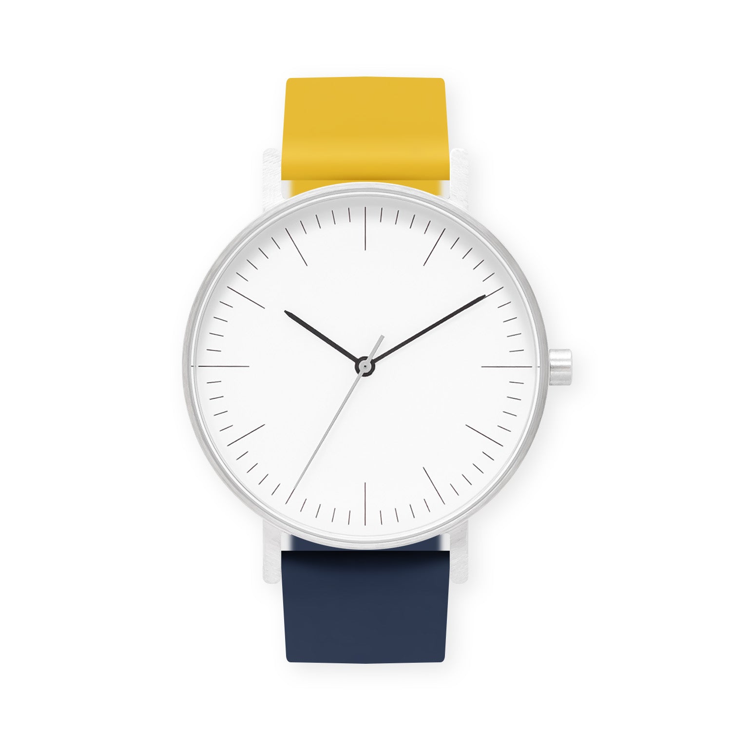 B001 Watch, Silver Case, White Dial, Two-tone Silicone Strap - 1013-Lemon/Midnight Blue - BIJOUONE