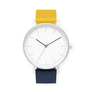 B001 Watch, Silver Case, White Dial, Two-tone Silicone Strap - 1013-Lemon/Midnight Blue - BIJOUONE