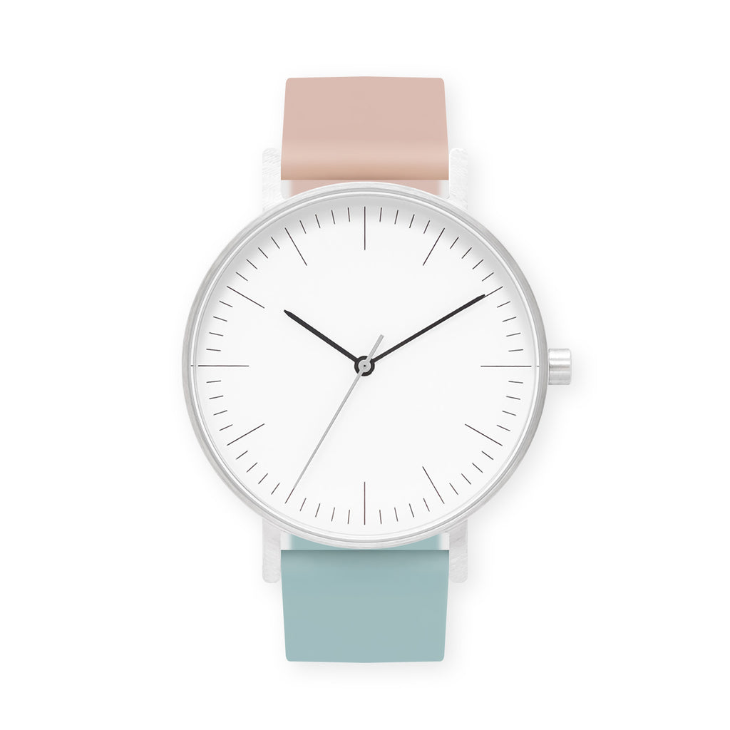 B001 Watch, Silver Case, White Dial, Two-tone Rubber Strap - 1112-Pink Sand/Aquamarine