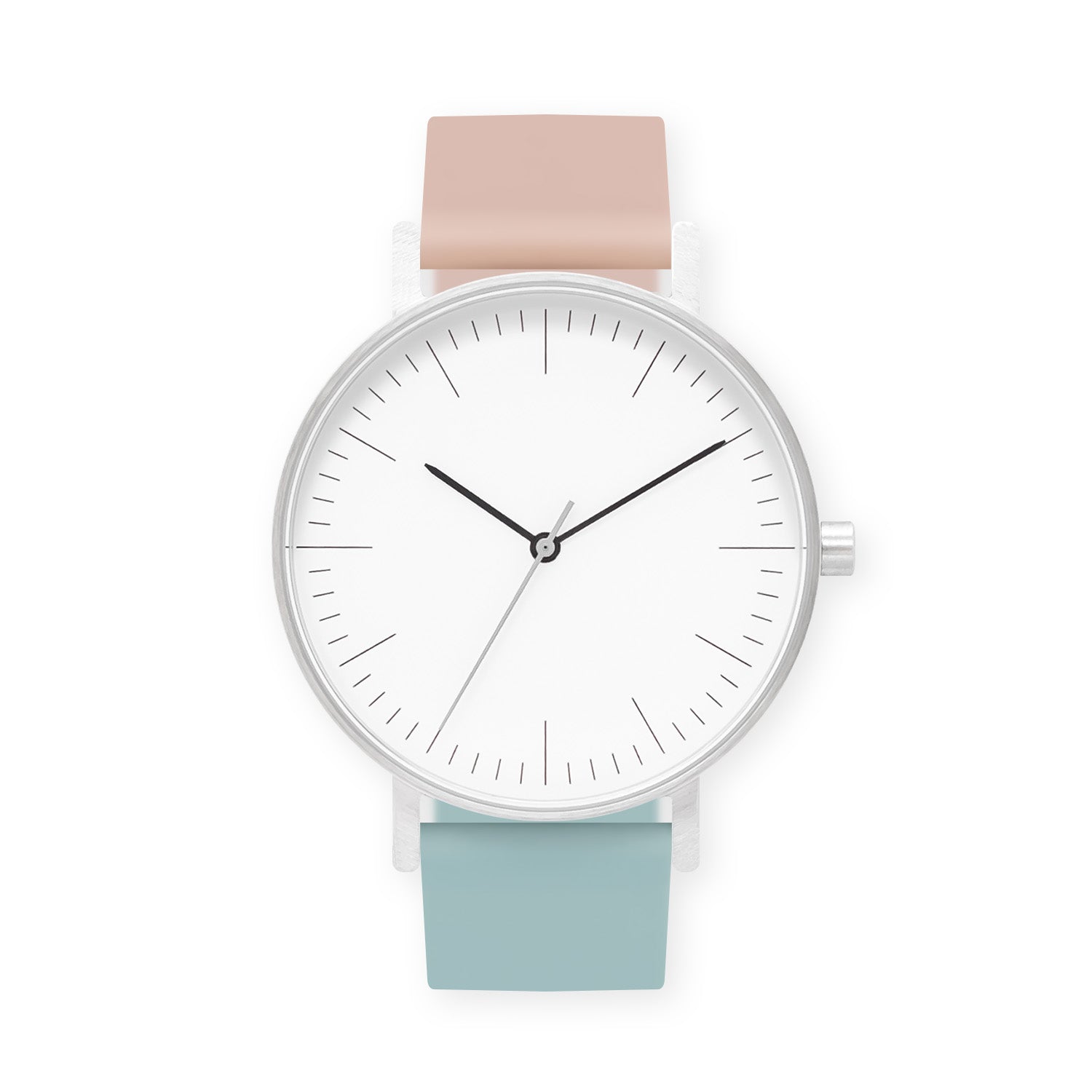 B001 Watch, Silver Case, White Dial, Two-tone Silicone Strap - 1112-Pink Sand/Aquamarine - BIJOUONE
