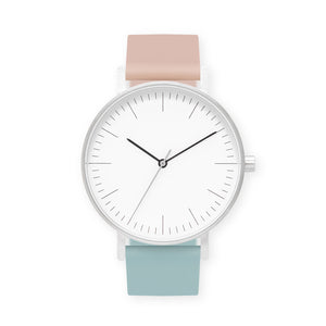 B001 Watch, Silver Case, White Dial, Two-tone Silicone Strap - 1112-Pink Sand/Aquamarine - BIJOUONE