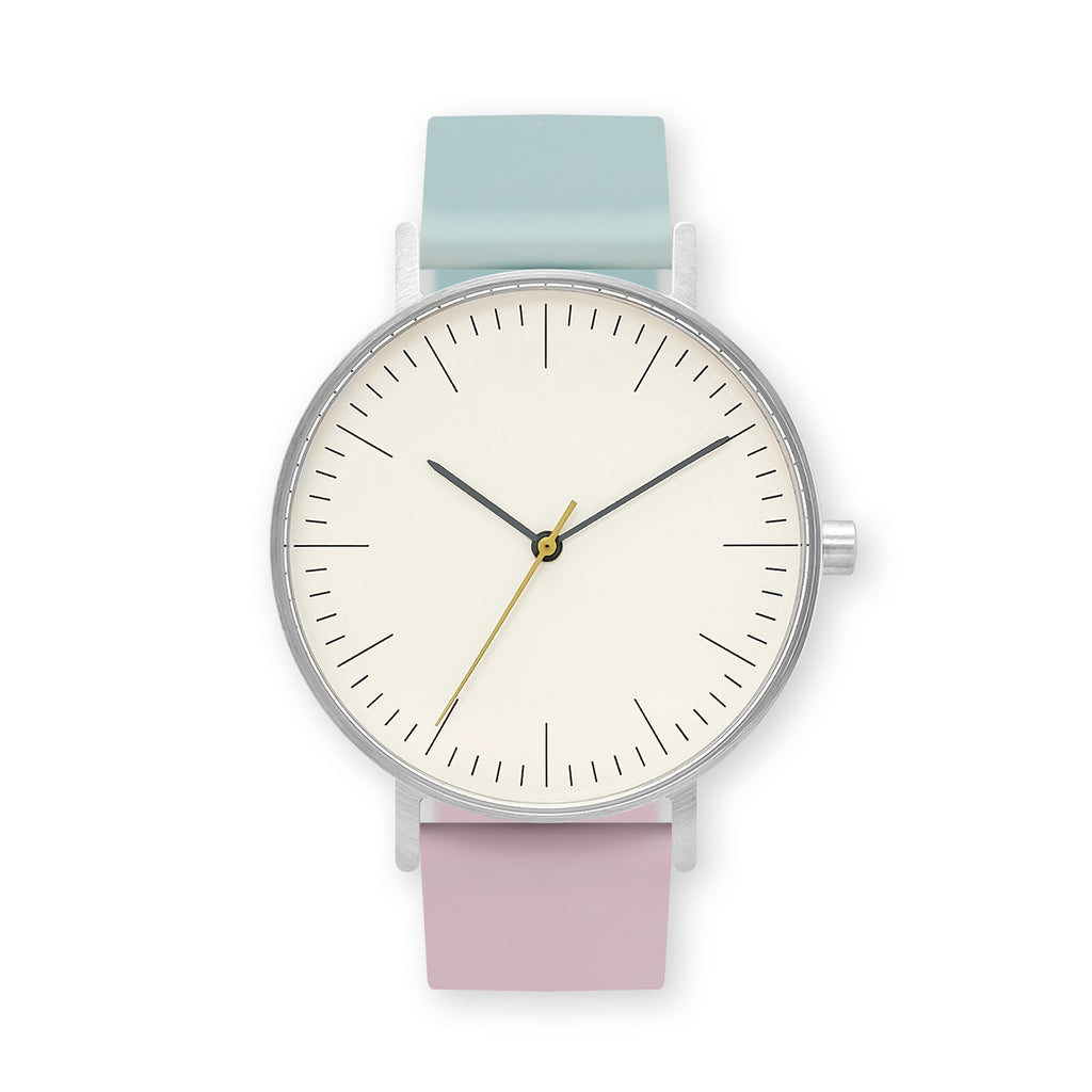 B001 Watch, Silver Case, Off White Dial, Two-tone Rubber Strap - 1215-Aquamarine/Lavender