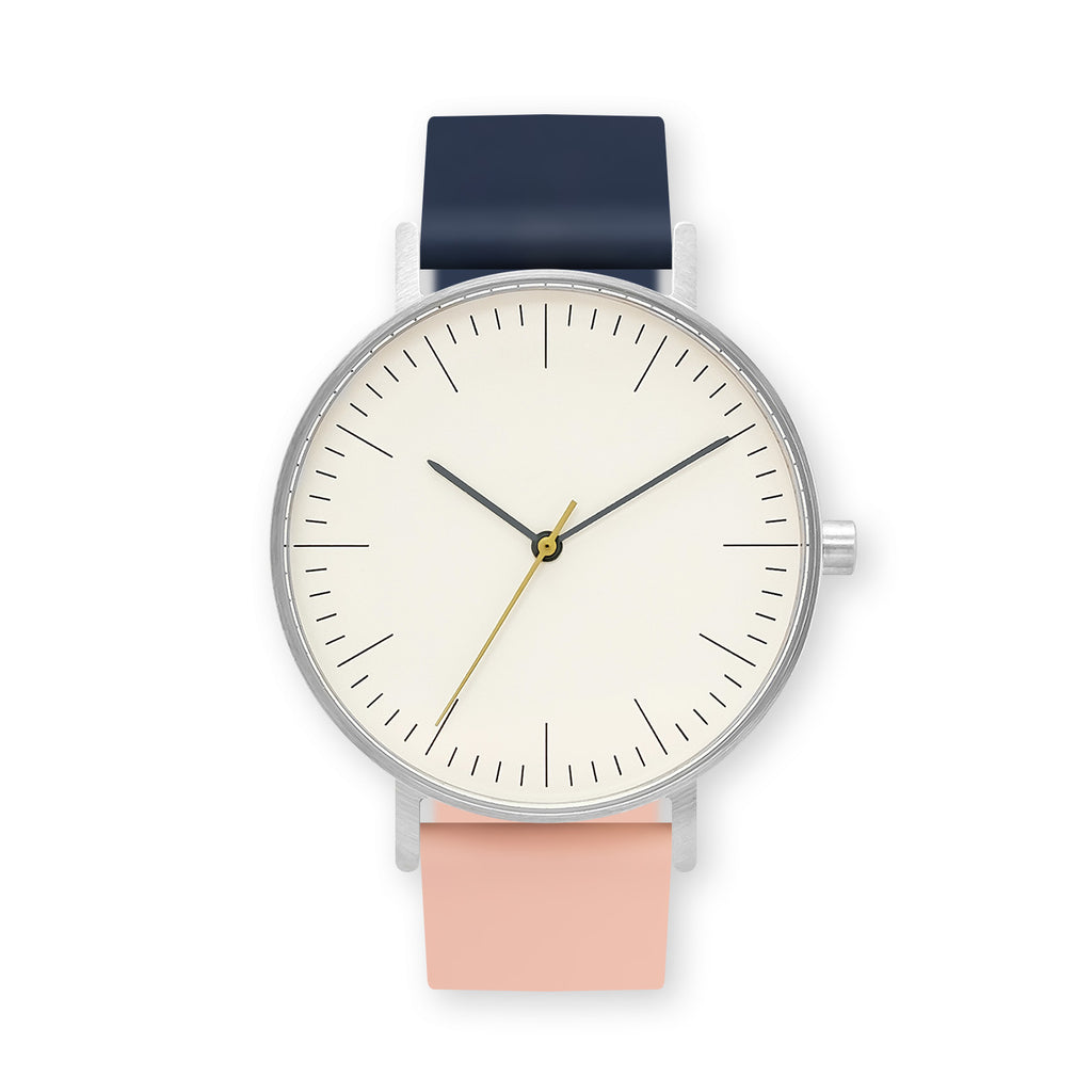 B001 Watch, Silver Case, Off White Dial, Two-tone Rubber Strap - 1307-Midnight Blue/Nude Pink