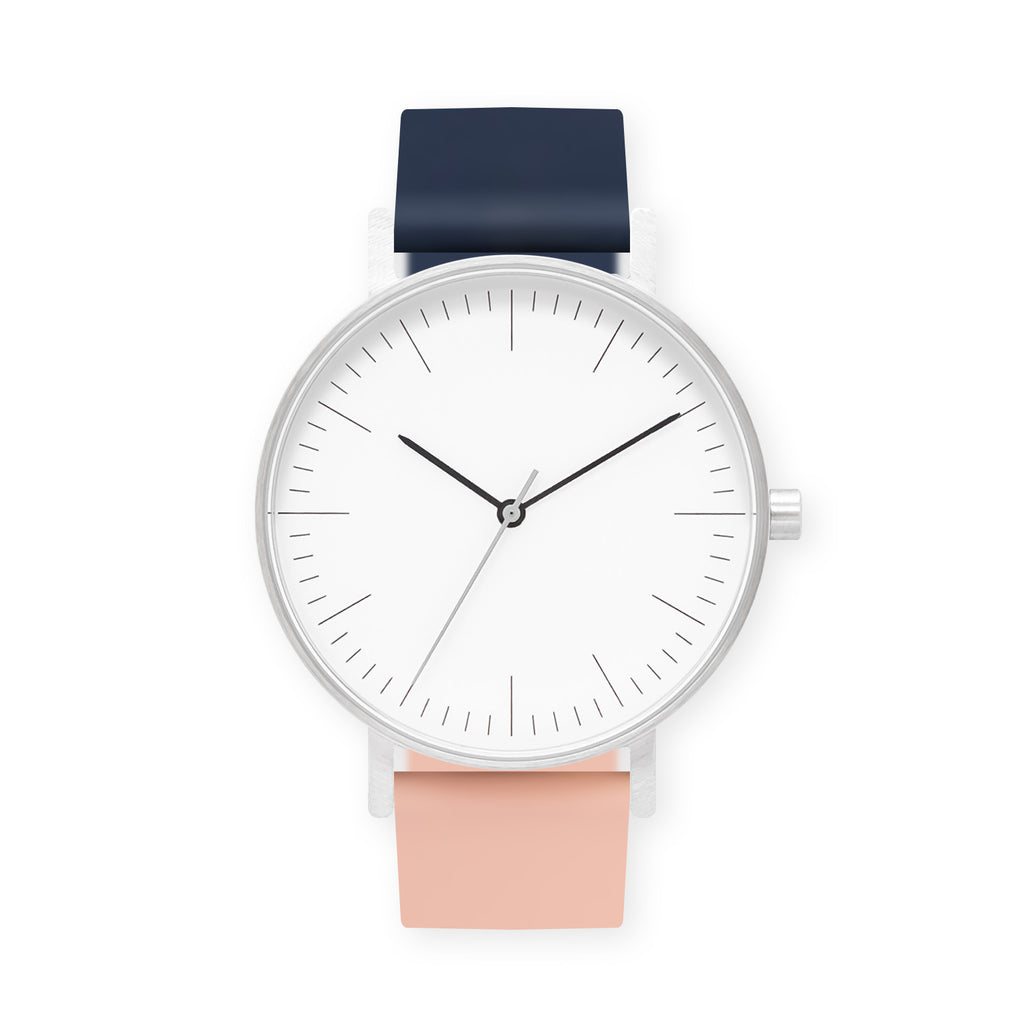 B001 Watch, Silver Case, White Dial, Two-tone Rubber Strap - 1307-Midnight Blue/Nude Pink