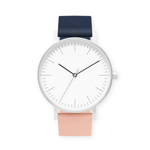 B001 Watch, Silver Case, White Dial, Two-tone Silicone Strap - 1307-Midnight Blue/Nude Pink - BIJOUONE