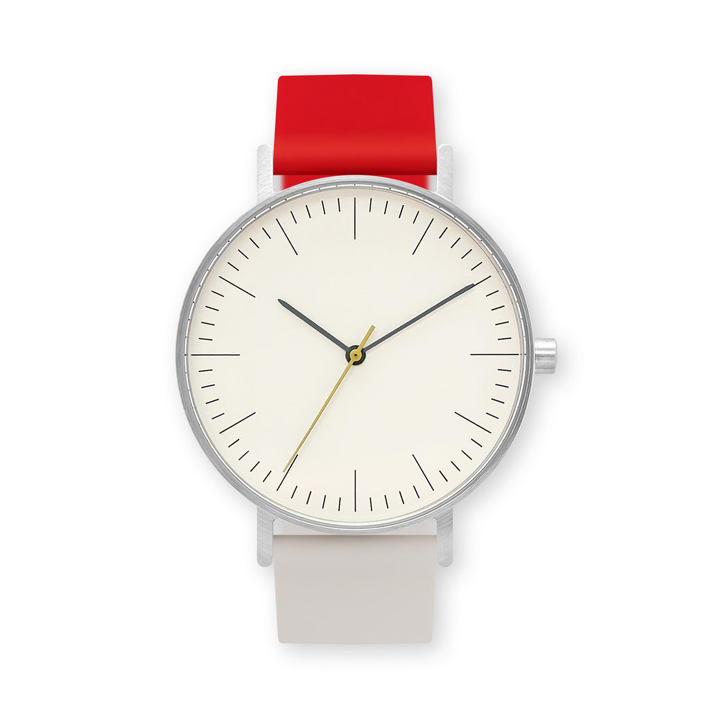B001 Watch, Silver Case, Off White Dial, Two-tone Rubber Strap - 2105-Red/Iovry