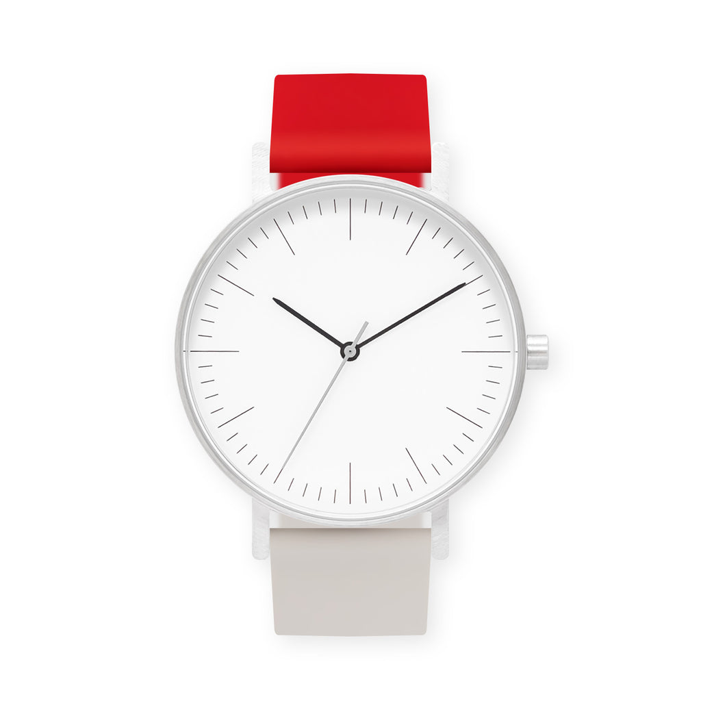 B001 Watch, Silver Case, White Dial, Two-tone Rubber Strap - 2105-Red/Iovry