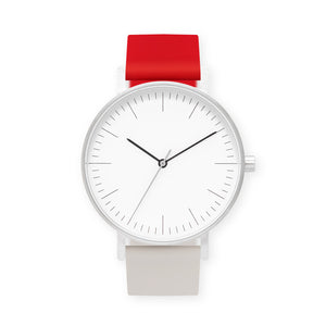B001 Watch, Silver Case, White Dial, Two-tone Silicone Strap - 2105-Red/Iovry - BIJOUONE