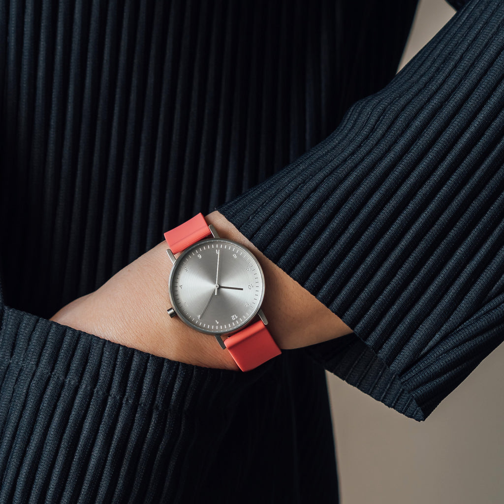 B60 Watch, Silver Case, Silver Dial, Rubber Strap - 0020-Salmon