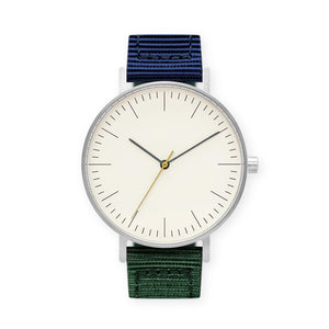 B001 Watch, Silver Case, Off White Dial, Nylon Strap - Green/Navy - BIJOUONE