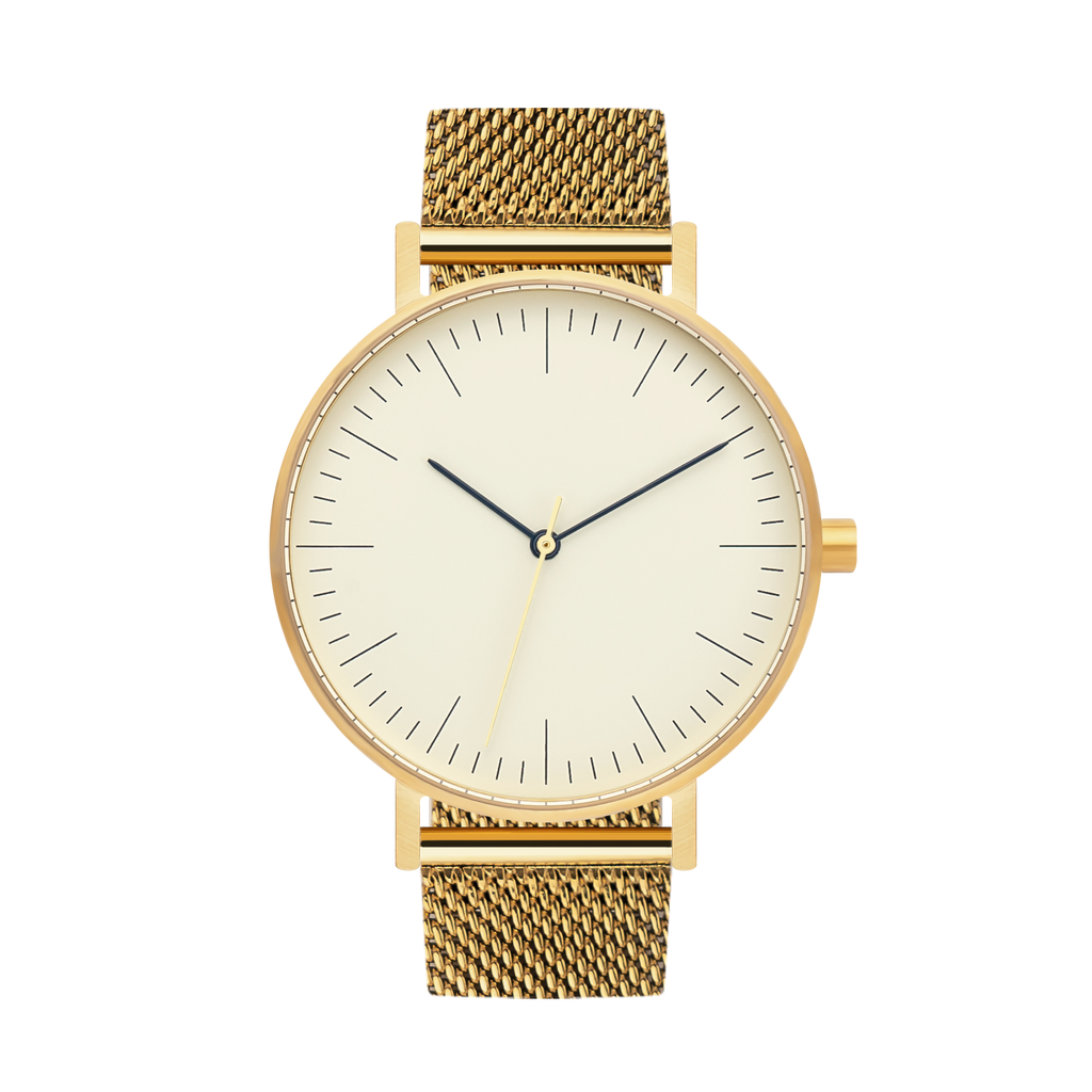 B001 Watch, Gold Case, Off White Dial, Gold Stainless Steel Mesh Strap