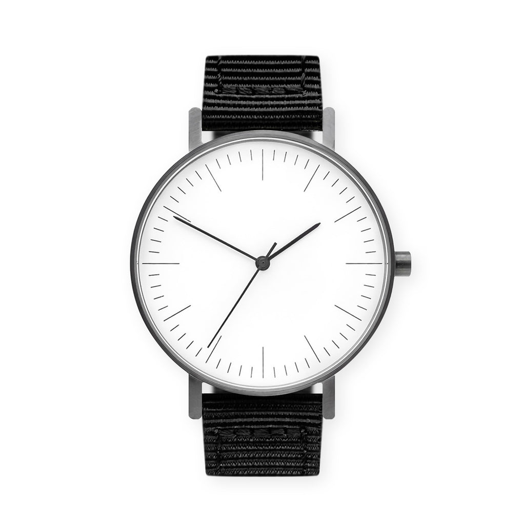 B001 Watch, Gunmetal Case, White Dial, Nylon Strap - Black