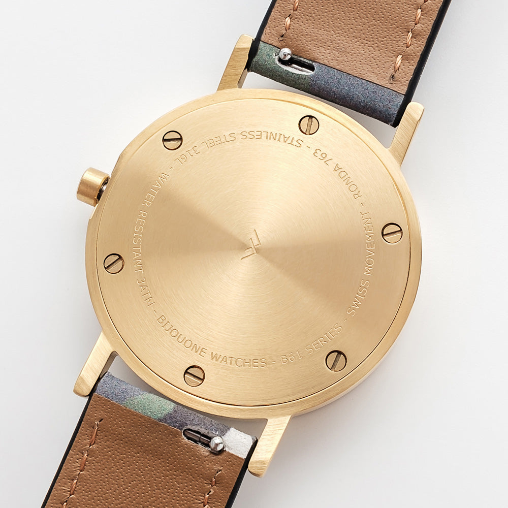 B60 Watch, Gold Case, Gold Dial, Leather Strap - Camouflage Green