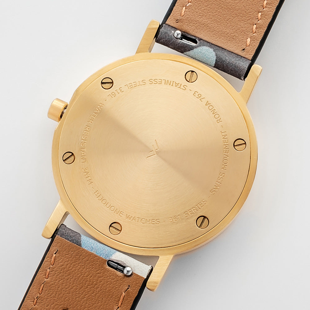 B60 Watch, Gold Case, Gold Dial, Leather Strap - Camouflage Blue