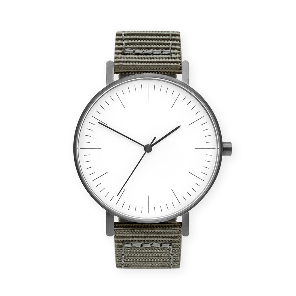 B001 Watch, Gunmetal Case, White Dial, Nylon Strap - Gray