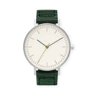 B001 Watch, Silver Case, Off White Dial, Nylon Strap - Green - BIJOUONE