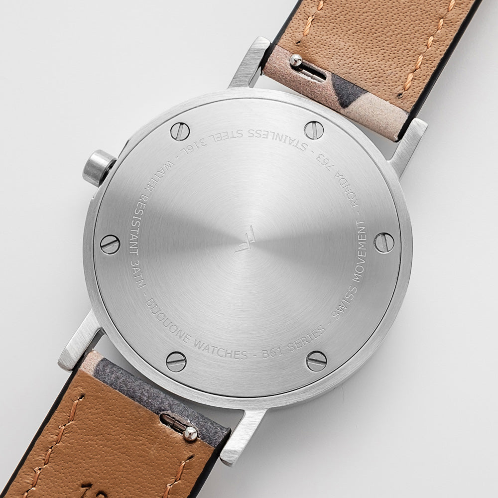 B60 Watch, Silver Case, silver Dial, Leather Strap - Camouflage Khaki