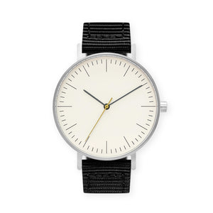 B001 Watch, Silver Case, Off White Dial, Nylon Strap - Black - BIJOUONE