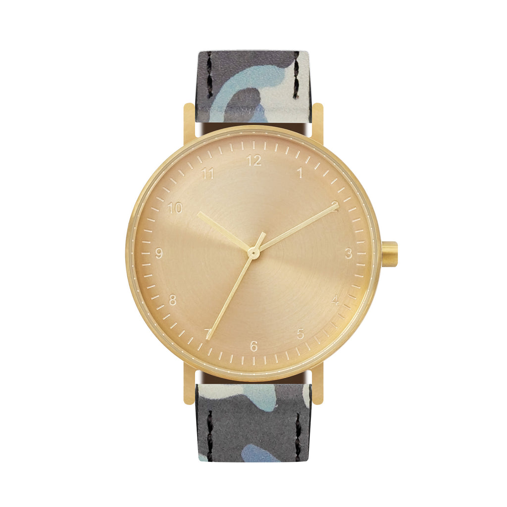 B60 Watch, Gold Case, Gold Dial, Leather Strap - Camouflage Blue