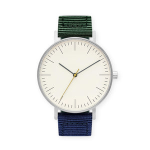 B001 Watch, Silver Case, Off White Dial, Nylon Strap - Green/Navy - BIJOUONE