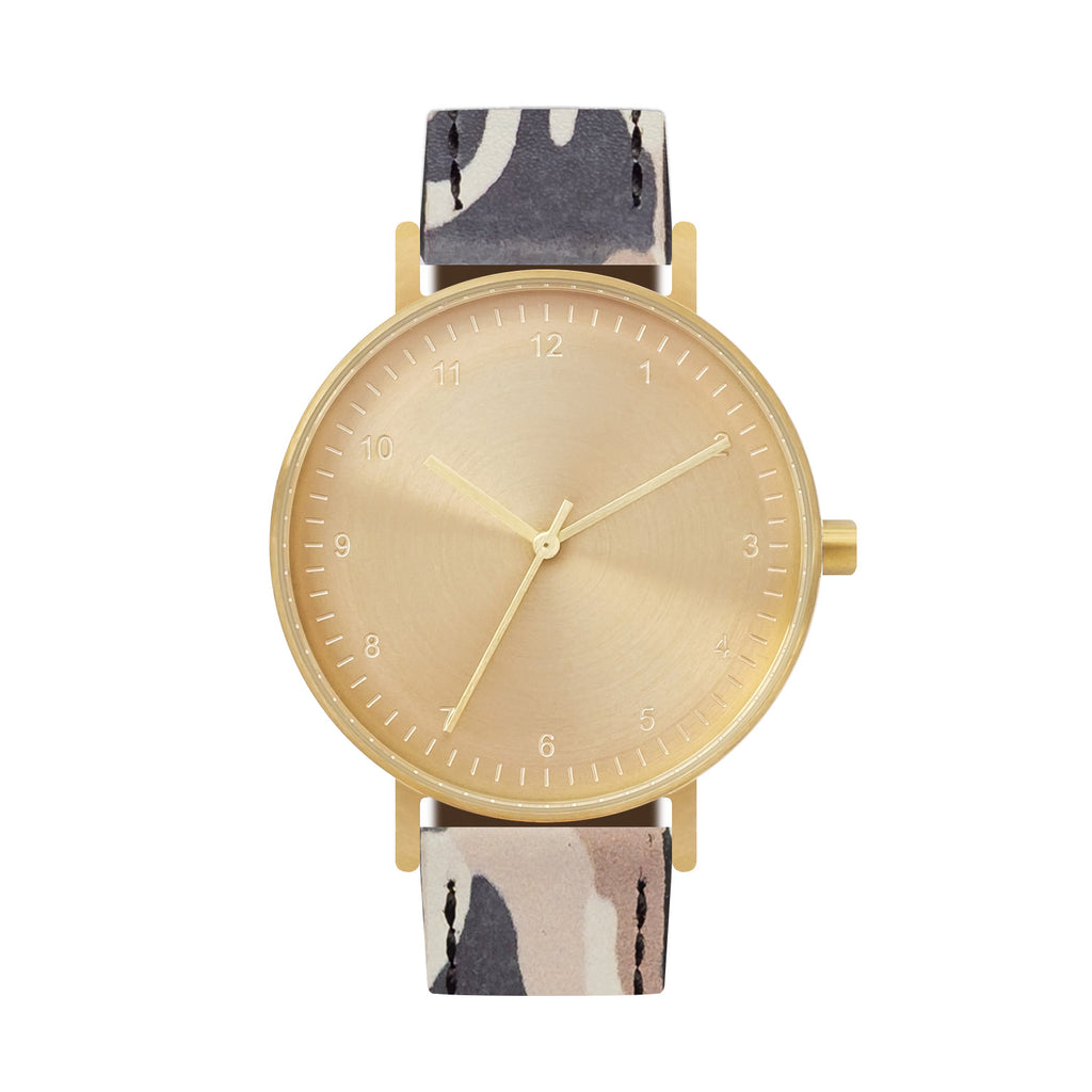 B60 Watch, Gold Case, Gold Dial, Leather Strap - Camouflage Khaki