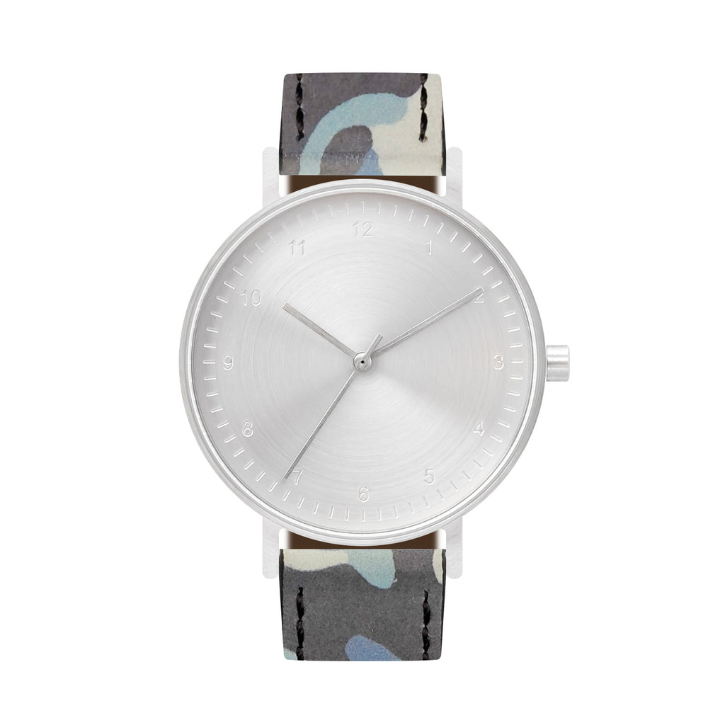 B60 Watch, Silver Case, silver Dial, Leather Strap - Camouflage Blue