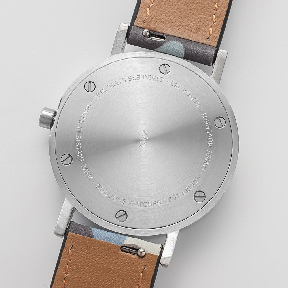 B60 Watch, Silver Case, silver Dial, Leather Strap - Camouflage Blue