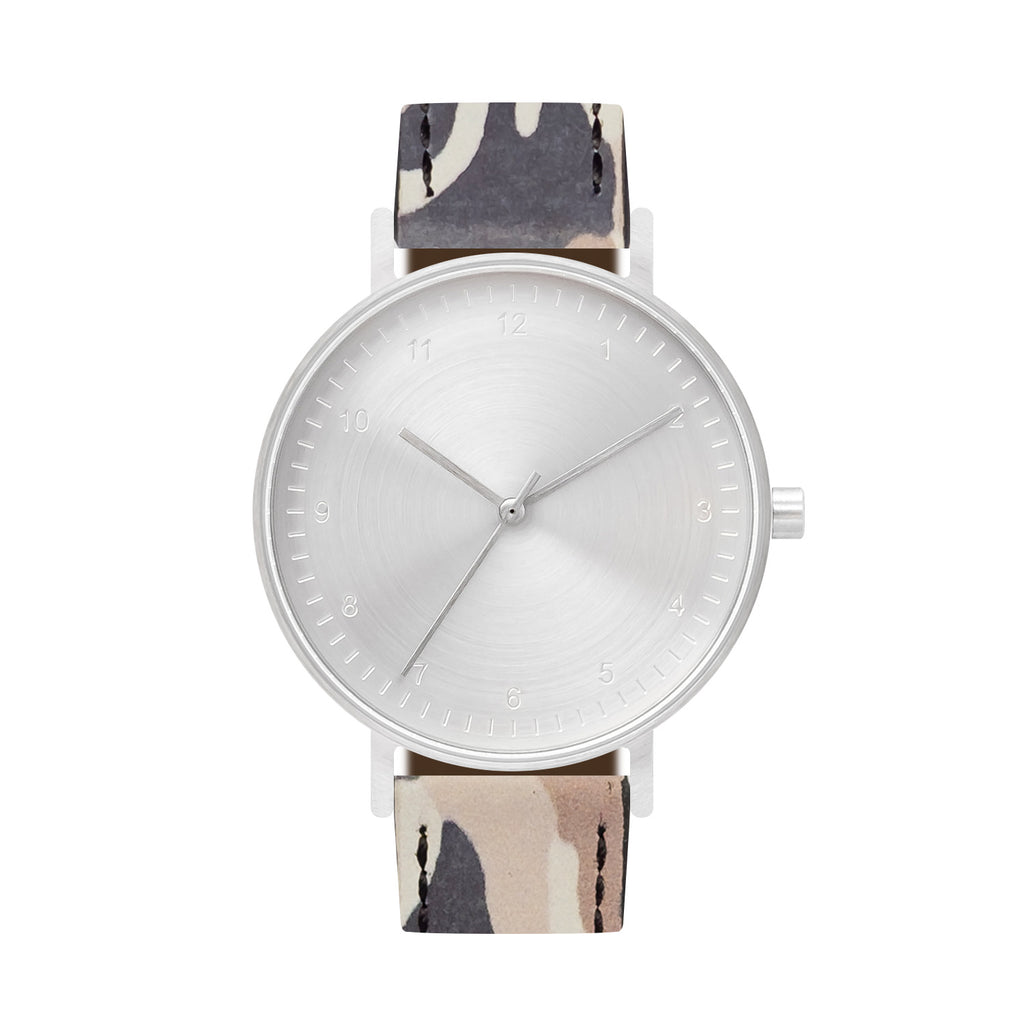 B60 Watch, Silver Case, silver Dial, Leather Strap - Camouflage Khaki