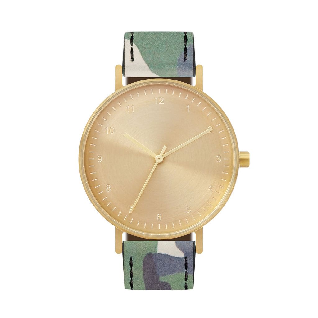 B60 Watch, Gold Case, Gold Dial, Leather Strap - Camouflage Green