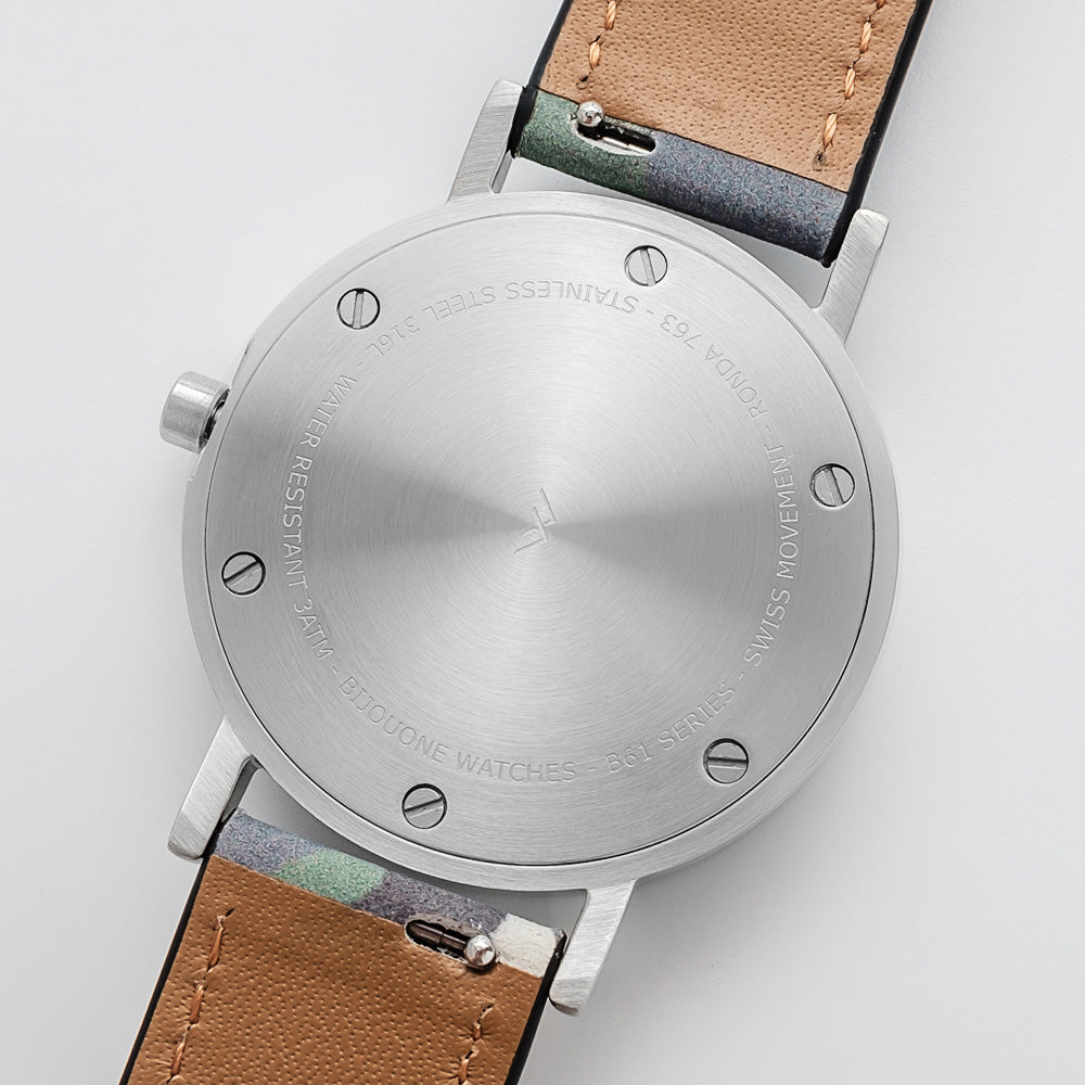 B60 Watch, Silver Case, silver Dial, Leather Strap - Camouflage Green