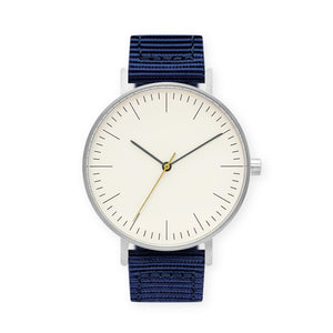 B001 Watch, Silver Case, Off White Dial, Nylon Strap - Navy - BIJOUONE