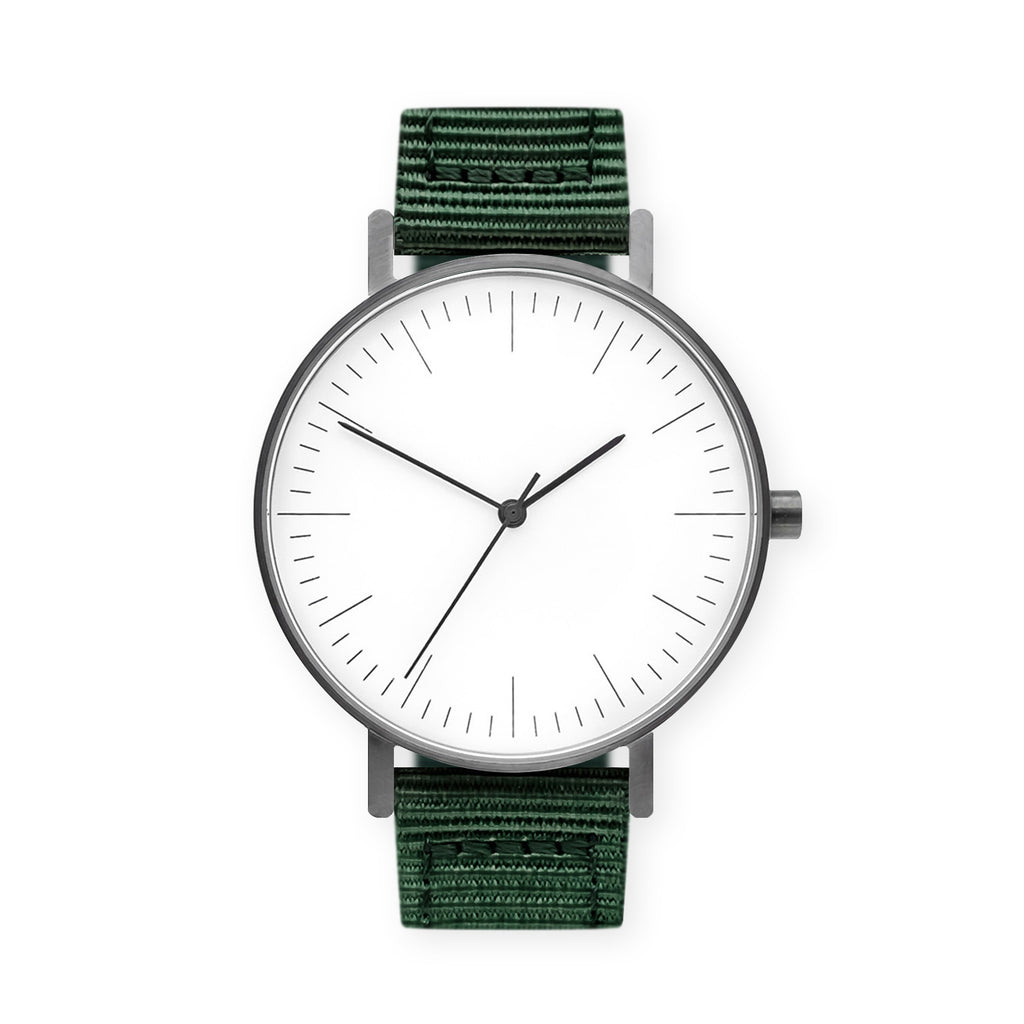 B001 Watch, Gunmetal Case, White Dial, Nylon Strap - Green