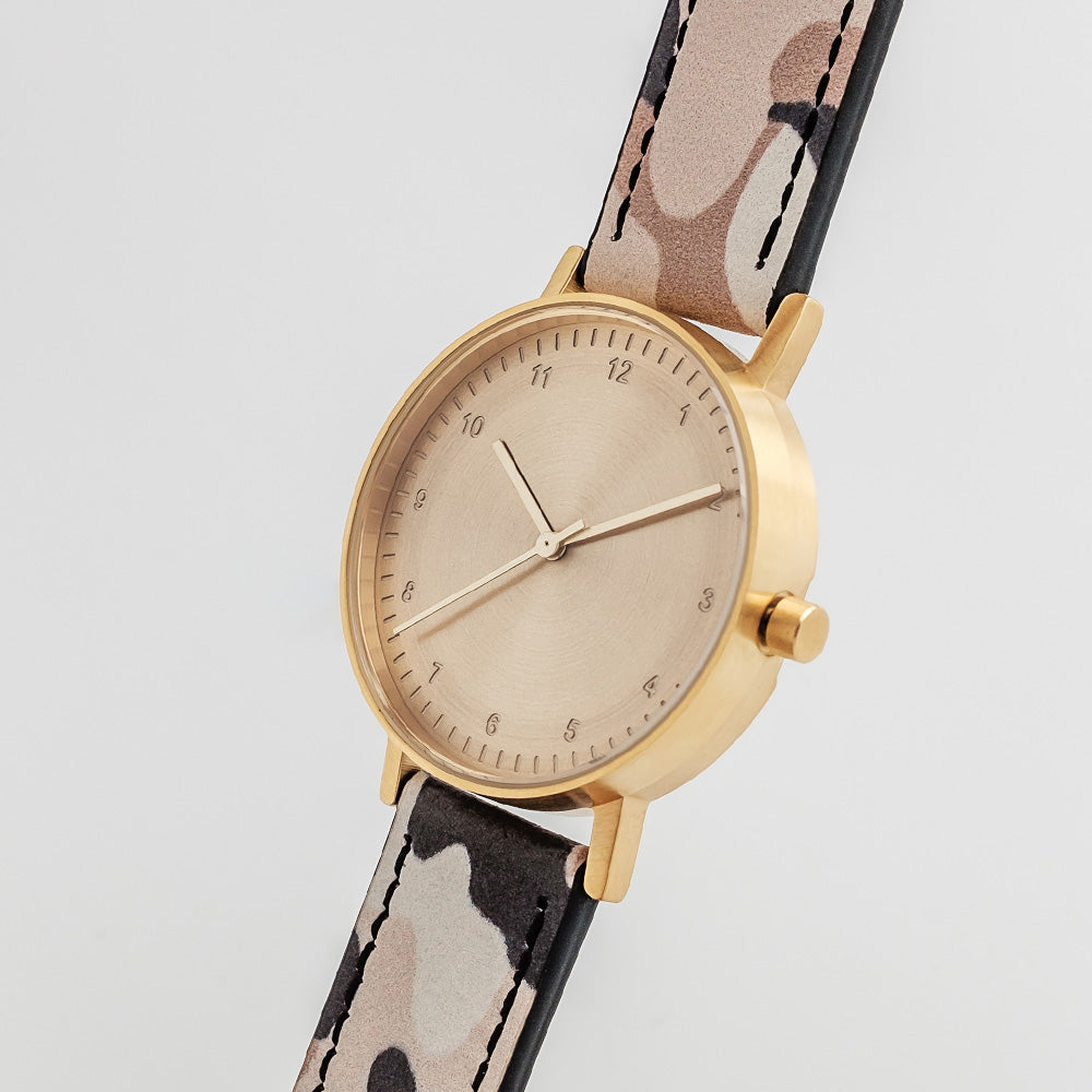 B60 Watch, Gold Case, Gold Dial, Leather Strap - Camouflage Khaki