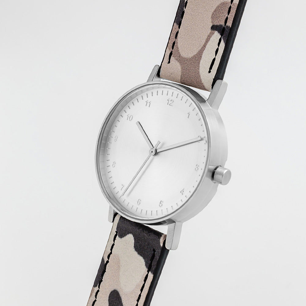 B60 Watch, Silver Case, silver Dial, Leather Strap - Camouflage Khaki