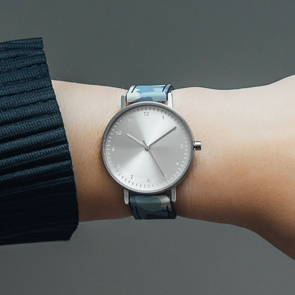 B60 Watch, Silver Case, silver Dial, Leather Strap - Camouflage Blue