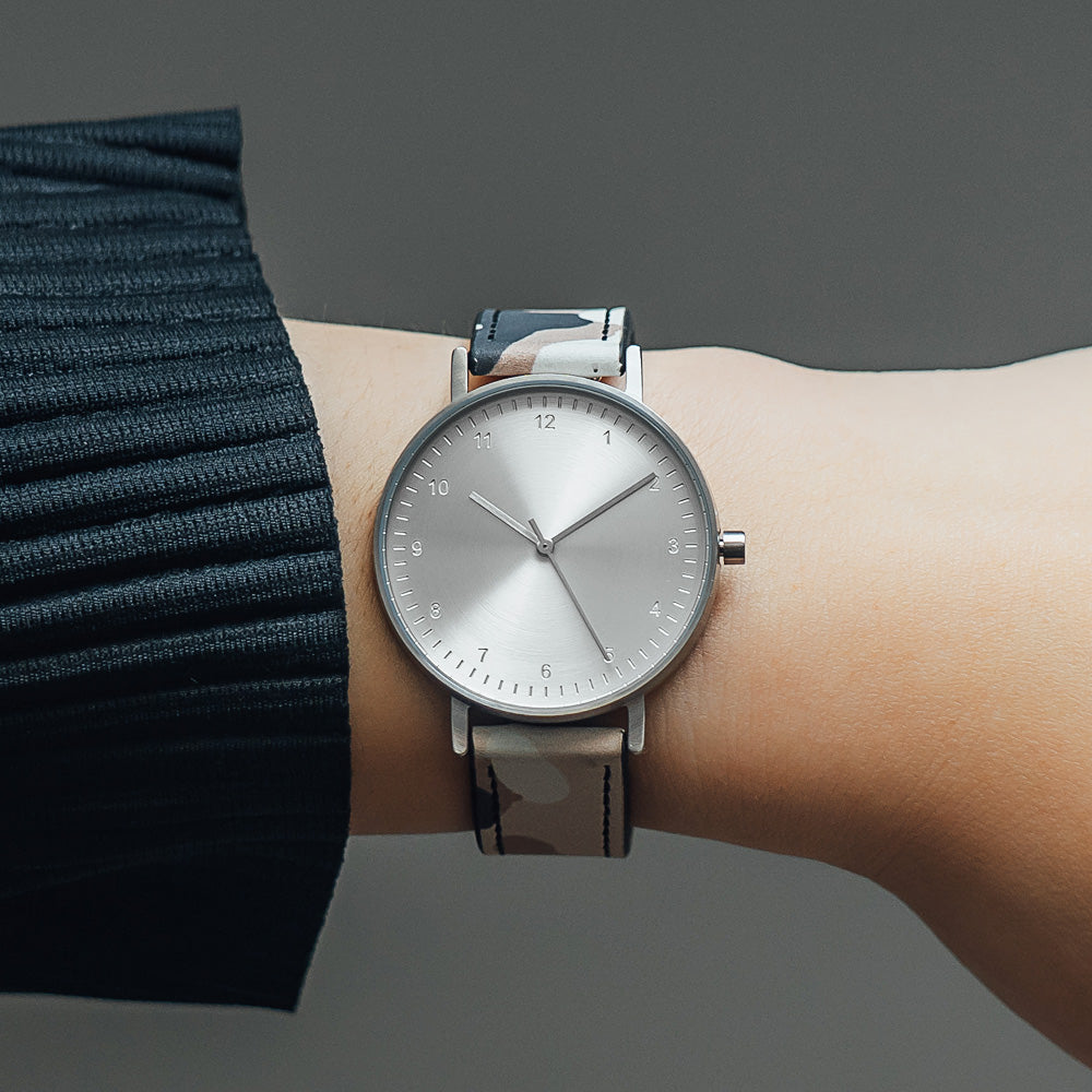 B60 Watch, Silver Case, silver Dial, Leather Strap - Camouflage Khaki