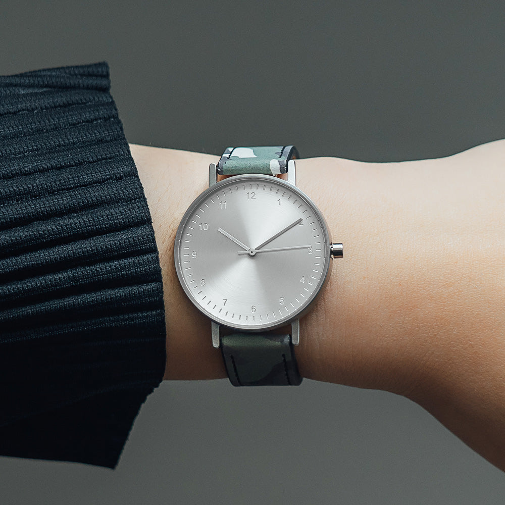 B60 Watch, Silver Case, silver Dial, Leather Strap - Camouflage Green