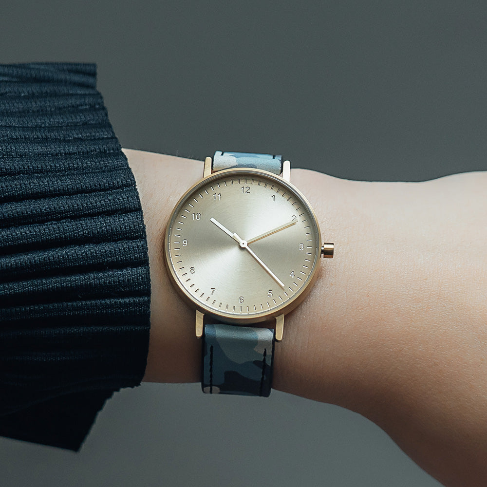 B60 Watch, Gold Case, Gold Dial, Leather Strap - Camouflage Blue