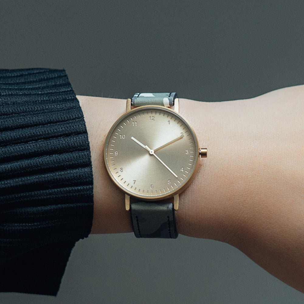 B60 Watch, Gold Case, Gold Dial, Leather Strap - Camouflage Green