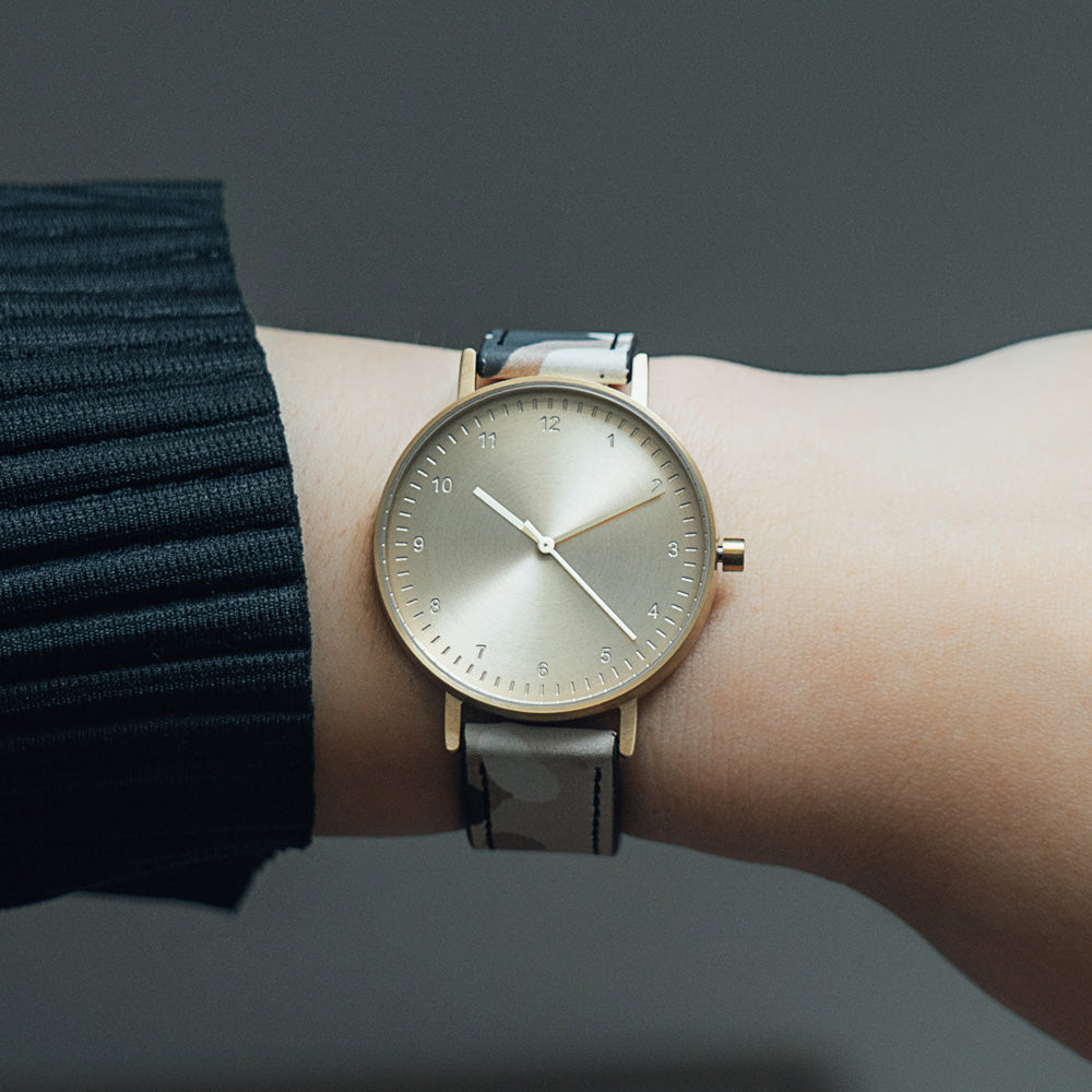 B60 Watch, Gold Case, Gold Dial, Leather Strap - Camouflage Khaki