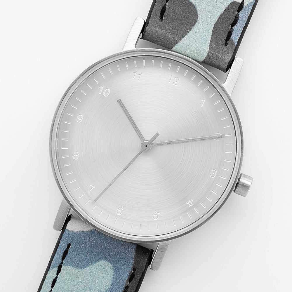 B60 Watch, Silver Case, silver Dial, Leather Strap - Camouflage Blue