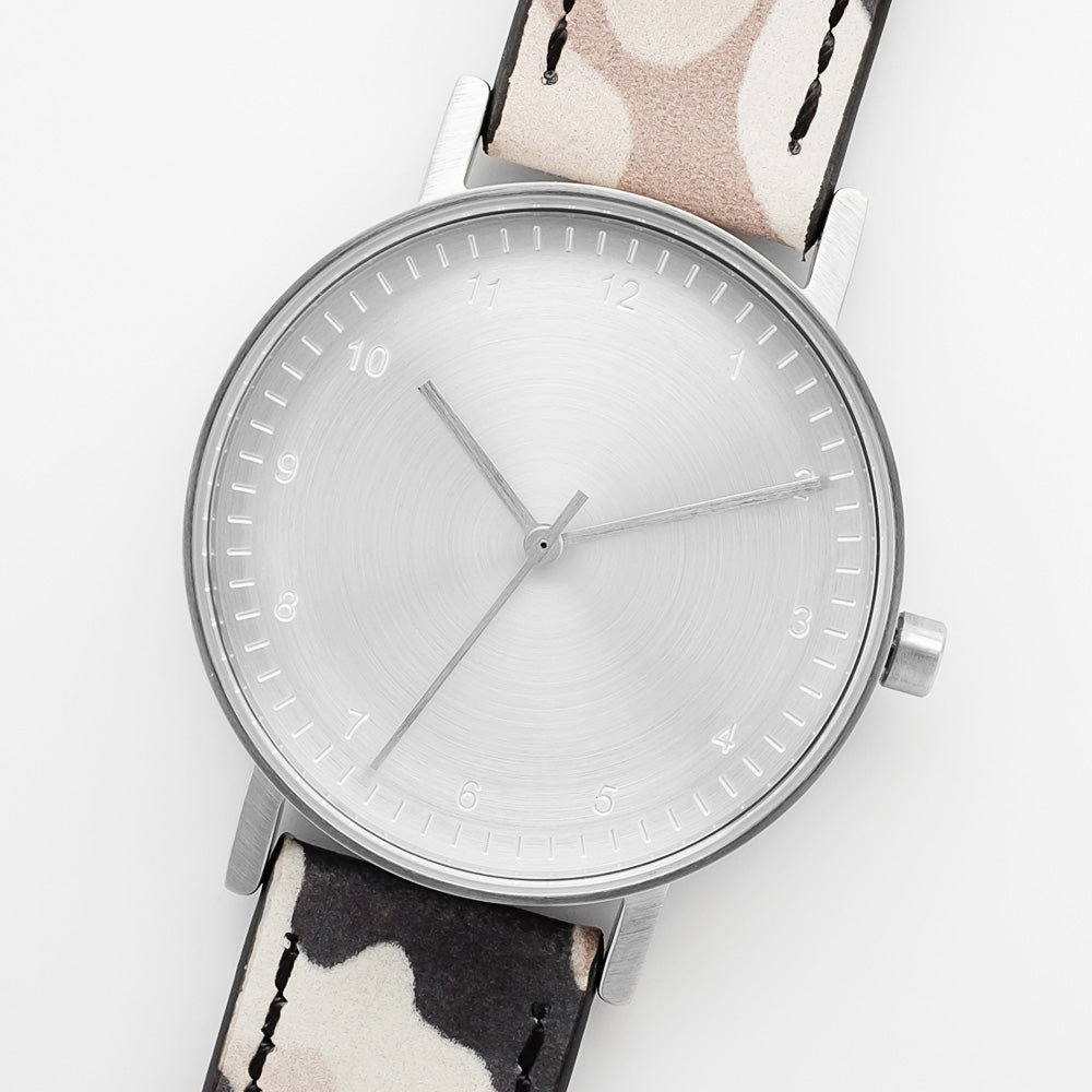 B60 Watch, Silver Case, silver Dial, Leather Strap - Camouflage Khaki