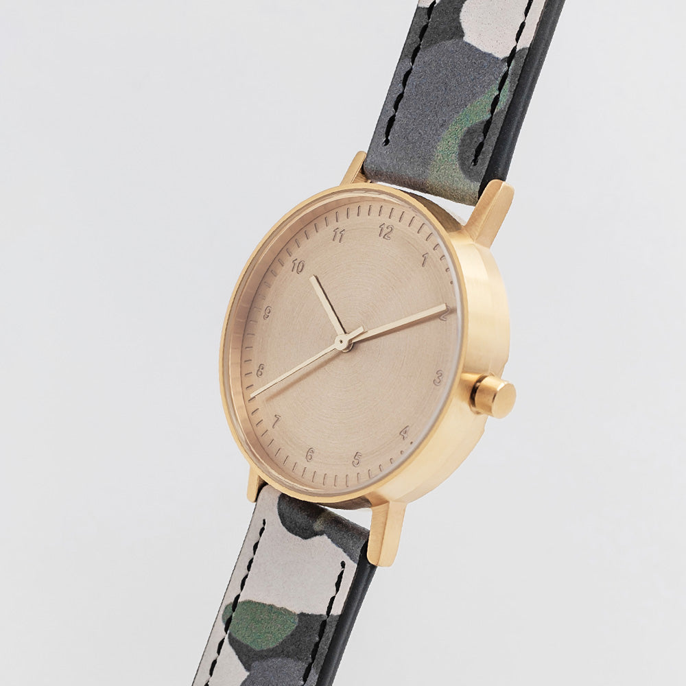 B60 Watch, Gold Case, Gold Dial, Leather Strap - Camouflage Green